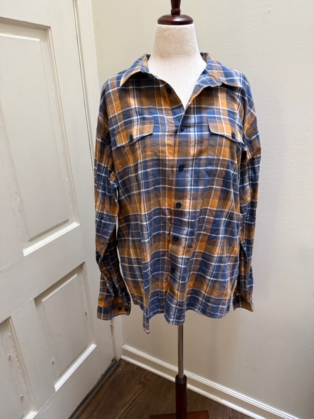 Patagonia Blue and Mustard Plaid Button-Down Shirt